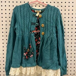 Matilda Jane Teal Cardigan with Floral Accents and Lace Hem
